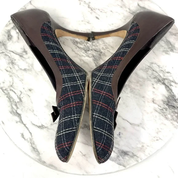 Isabella Fiori Tweed Wool Plaid Dainty Bow Pumps 10 Academia Retro Classic Fall - Picture 7 of 13